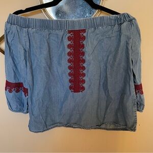 Women's Off-Shoulder Denim Top with Red Embroidery